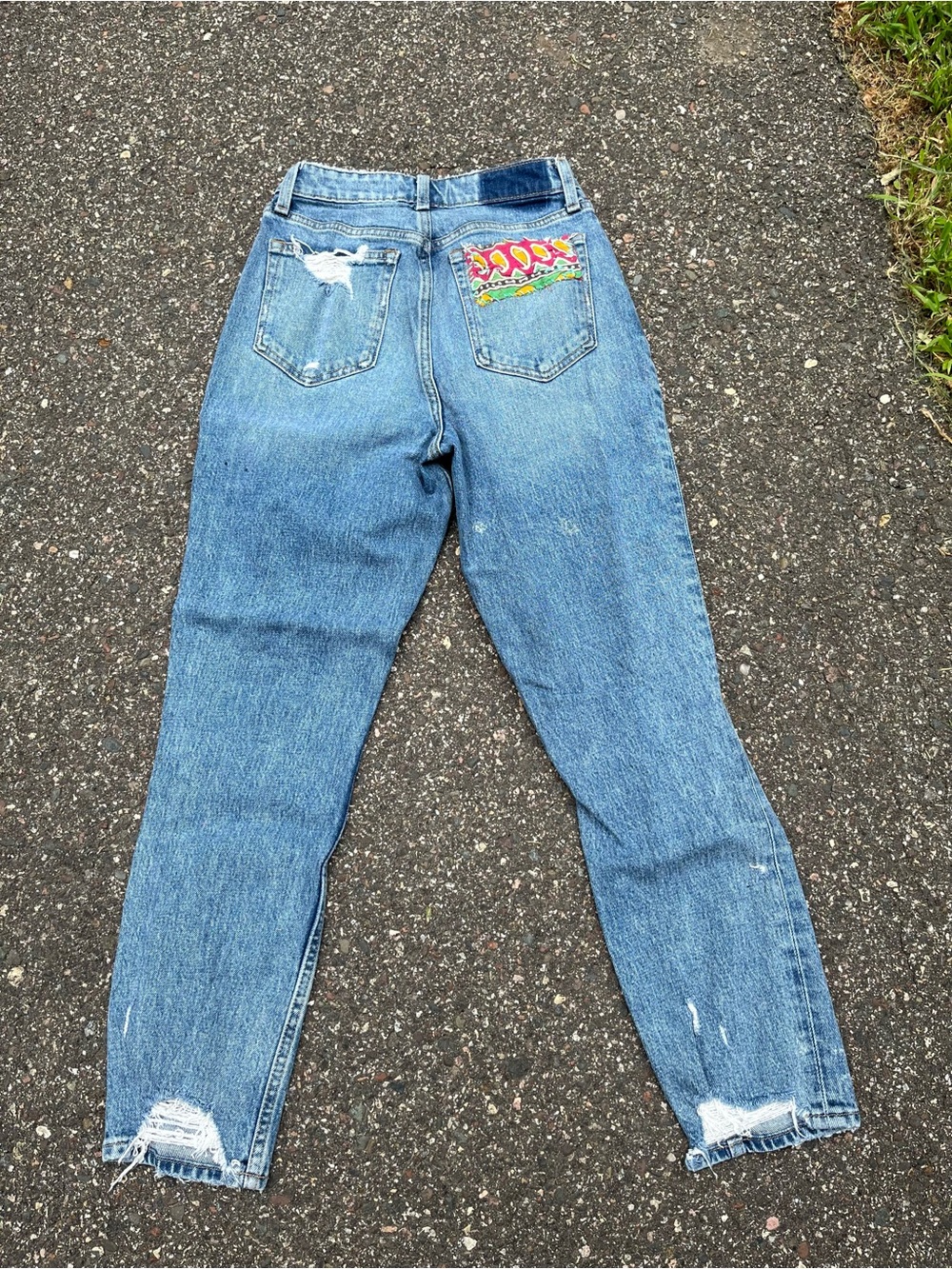 Abercrombie & Fitch Blue Straight-Leg Jeans with Green and Red Patchwork - Picture 2 of 3